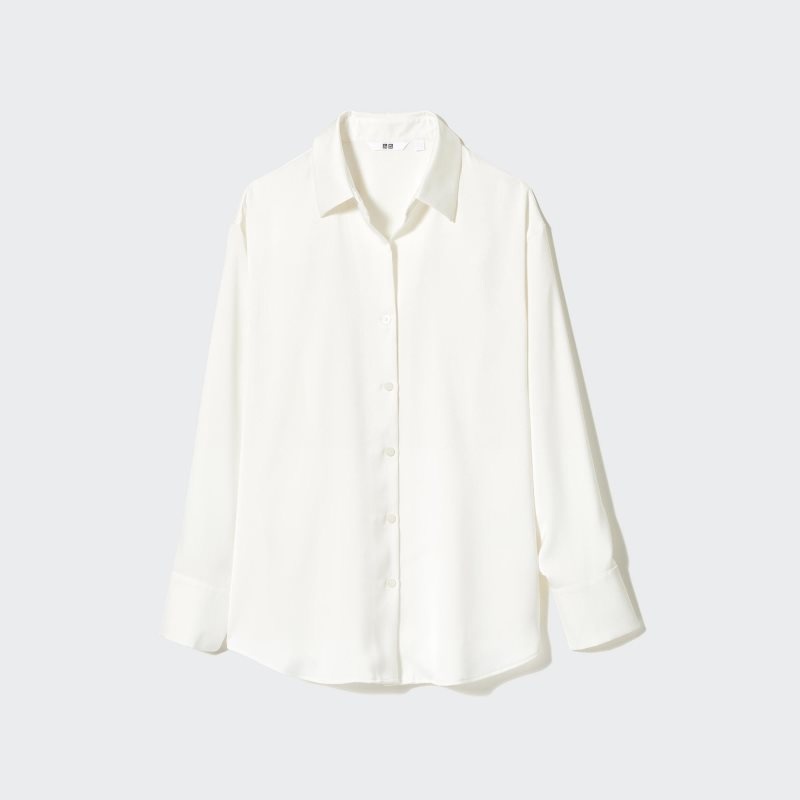 White Women Uniqlo Satin Long Sleeve Blouse | USA SPLYN-5879