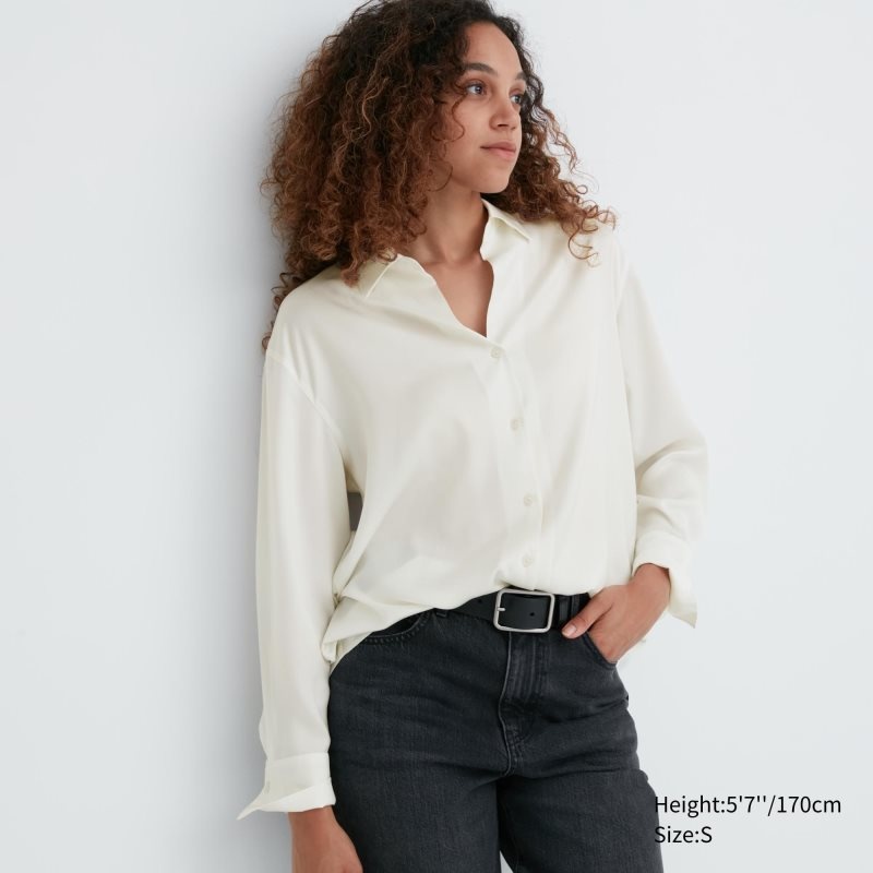 White Women Uniqlo Satin Long Sleeve Blouse | USA SPLYN-5879