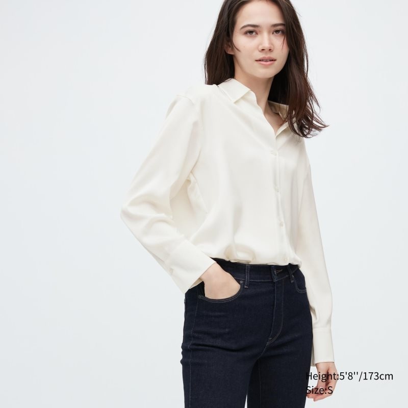 White Women Uniqlo Satin Long-sleeve Blouse | USA JMPEG-2906