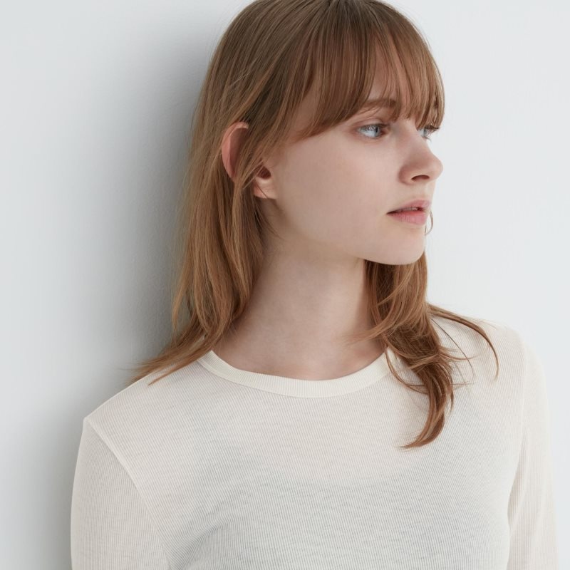 White Women Uniqlo Sheer Jersey Crew Neck Long-sleeve T Shirts | USA WHZTU-9257