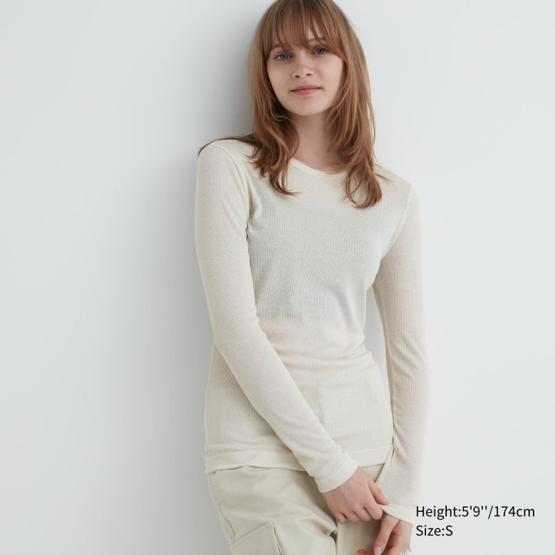 White Women Uniqlo Sheer Jersey Crew Neck Long-sleeve T Shirts | USA WHZTU-9257