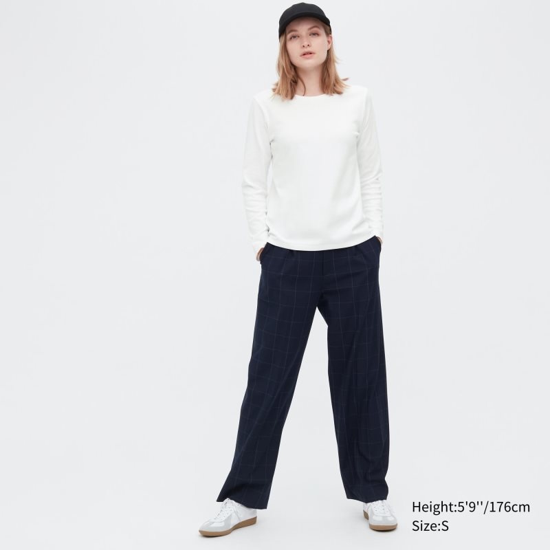 White Women Uniqlo Smooth Stretch Cotton Crew Neck Long-sleeve T Shirts | USA TYLJP-5607