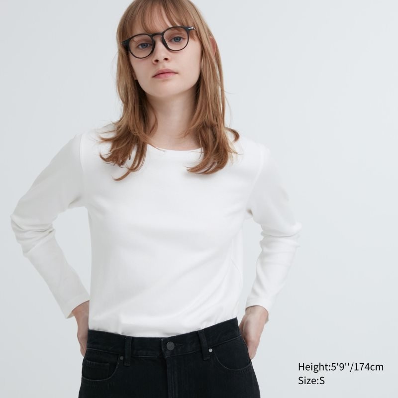 White Women Uniqlo Smooth Stretch Cotton Crew Neck Long-sleeve T Shirts | USA TYLJP-5607