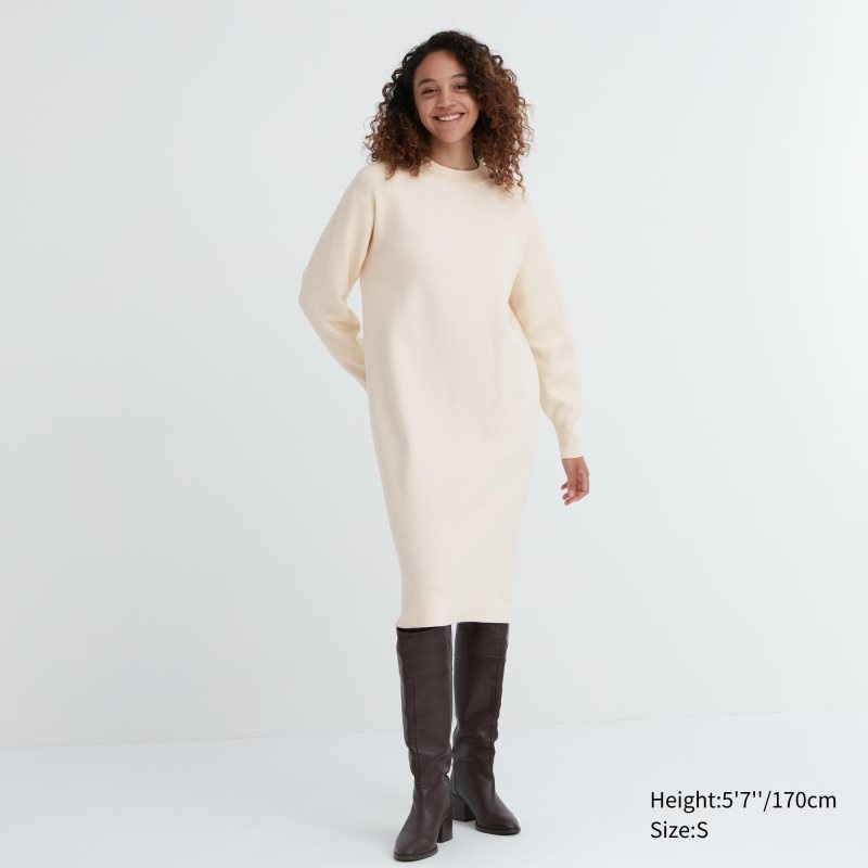 White Women Uniqlo Souffle Yarn Long-sleeve Dress | USA TZLCW-4630