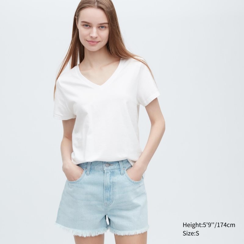 White Women Uniqlo Supima® Cotton V-neck Short-sleeve T Shirts | USA OCGUA-2678