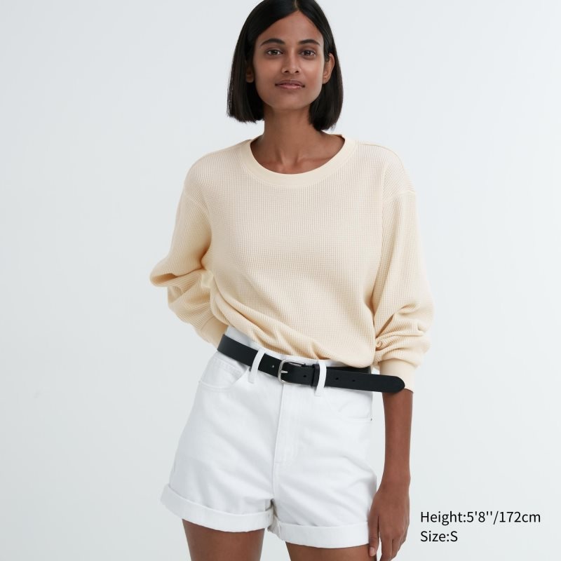 White Women Uniqlo Waffle Crew Neck Long-sleeve T Shirts | USA HWEVA-2703