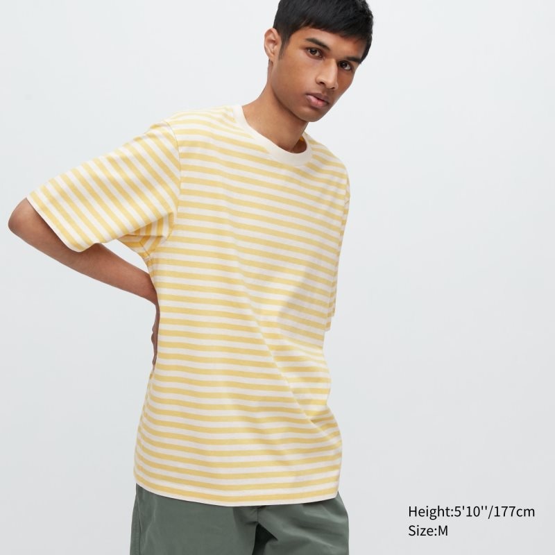 Yellow Men Uniqlo Oversized Striped Half-sleeve T Shirts | USA HTYCG-1340