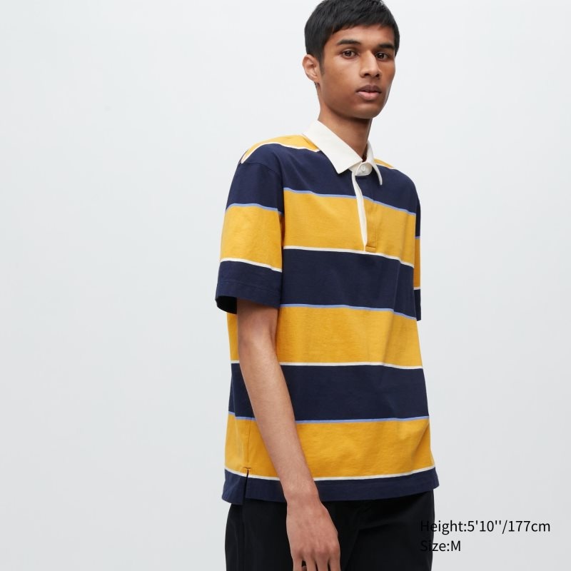 Yellow Men Uniqlo Rugger Striped Short Sleeve Polo Shirts | USA BUQSG-7153