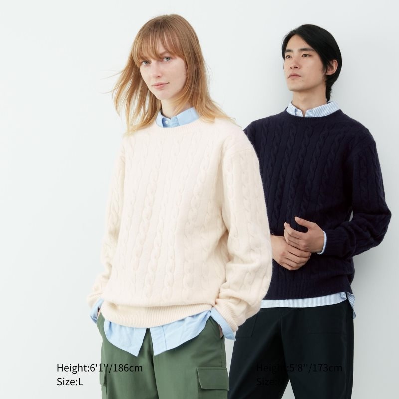 Yellow Men Uniqlo Souffle Yarn Cable Crew Neck Sweaters | USA REGUQ-8205