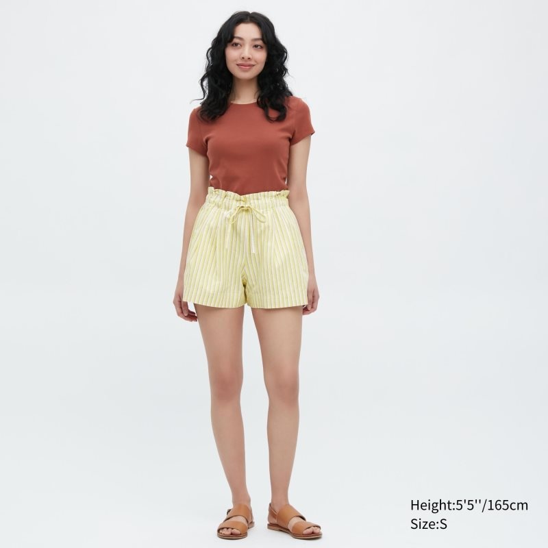 Yellow Women Uniqlo Cotton Linen Striped Shorts | USA TSDJL-9408