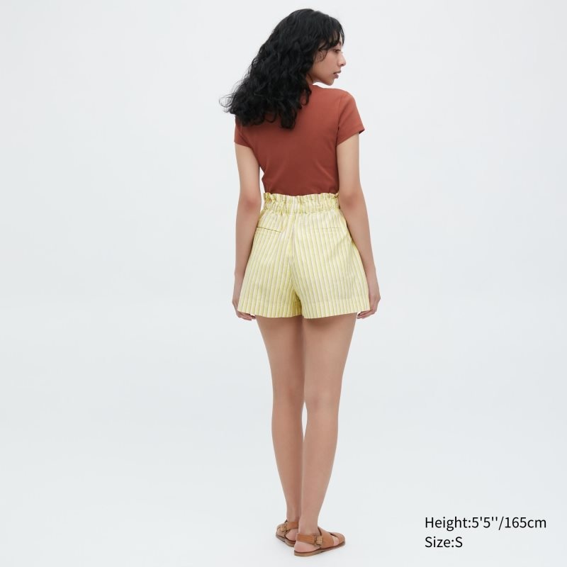 Yellow Women Uniqlo Cotton Linen Striped Shorts | USA TSDJL-9408