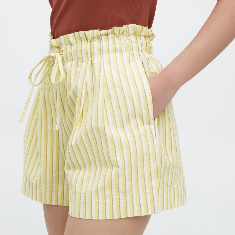 Yellow Women Uniqlo Cotton Linen Striped Shorts | USA TSDJL-9408