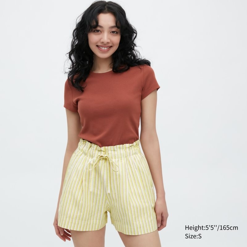 Yellow Women Uniqlo Cotton Linen Striped Shorts | USA TSDJL-9408