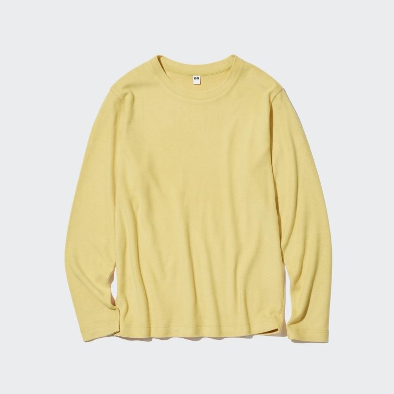 Yellow Women Uniqlo Heattech Fleece Crew Neck Long Sleeve T Shirts | USA YWUNH-0549