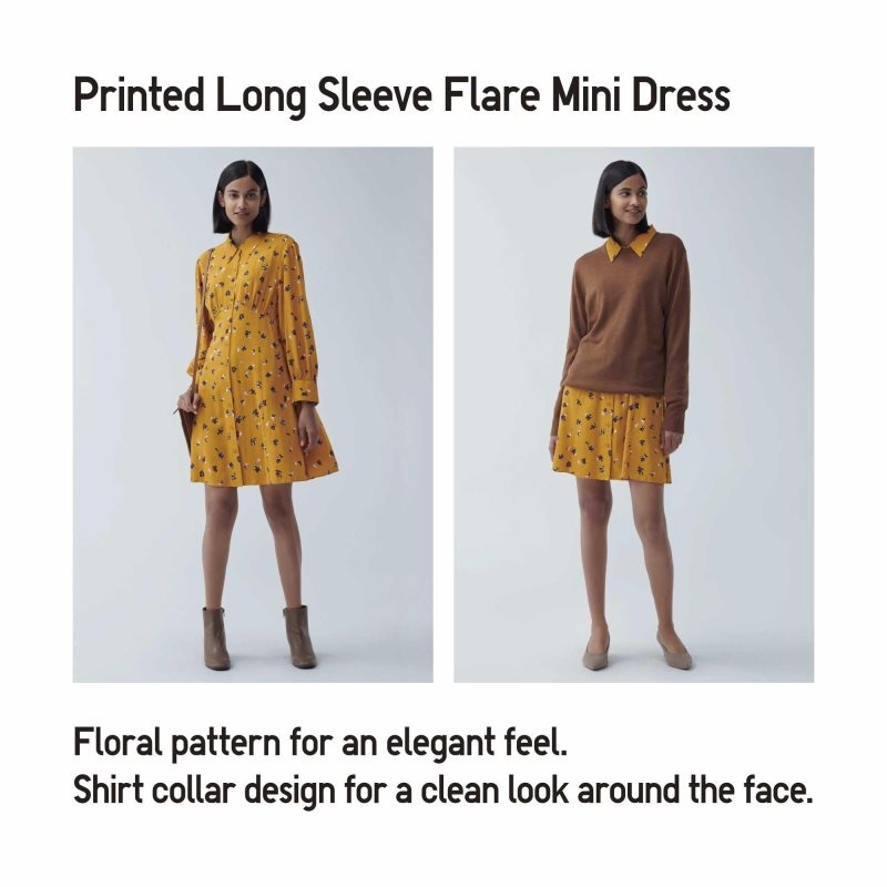 Yellow Women Uniqlo Printed V-neck Long-sleeve Mini Dress | USA MLRSU-8269