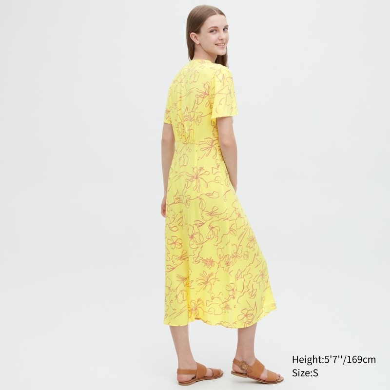 Yellow Women Uniqlo Printed V-neck Short-sleeve Flare Dress | USA DURYX-1892