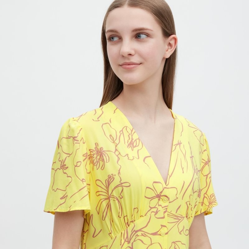 Yellow Women Uniqlo Printed V-neck Short-sleeve Flare Dress | USA DURYX-1892