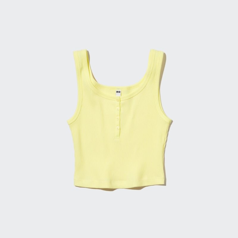 Yellow Women Uniqlo Ribbed Henley Neck Cropped Tank Tops | USA EBAQI-8261