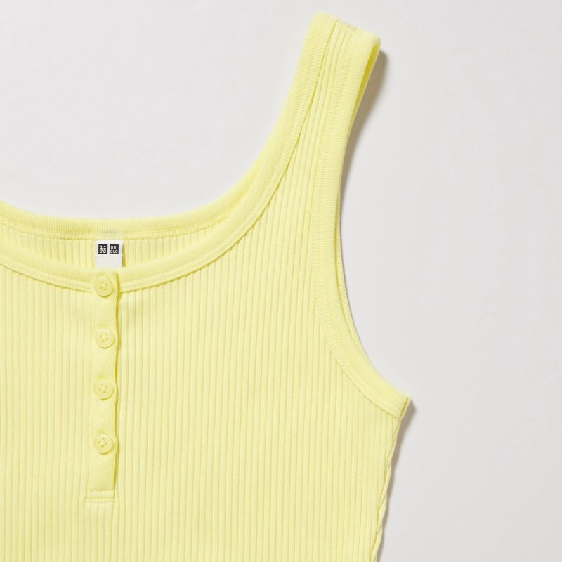 Yellow Women Uniqlo Ribbed Henley Neck Cropped Tank Tops | USA EBAQI-8261