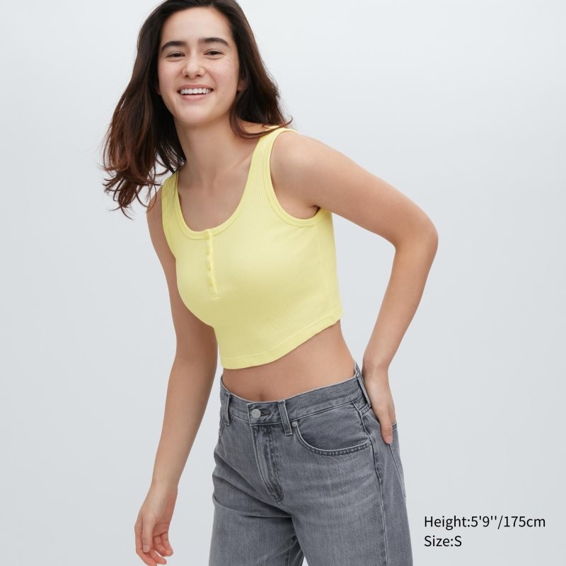 Yellow Women Uniqlo Ribbed Henley Neck Cropped Tank Tops | USA EBAQI-8261