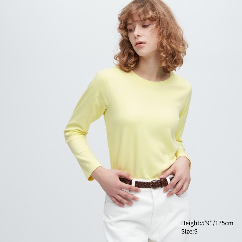 Yellow Women Uniqlo Smooth Stretch Cotton Crew Neck Long-sleeve T Shirts | USA IMOUQ-3072